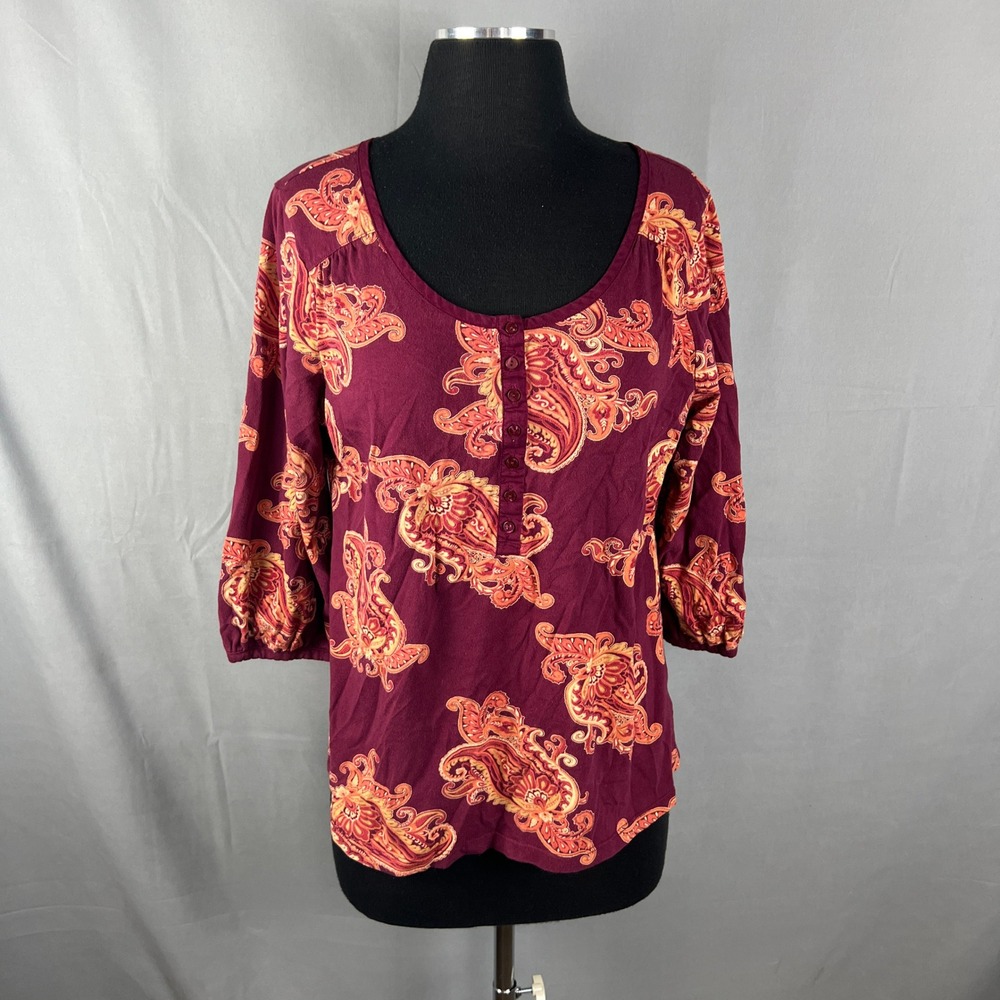 St Johns Bay Blouse Top Women Large Burgundy Paisley Print Cotton Quarter Sleeve